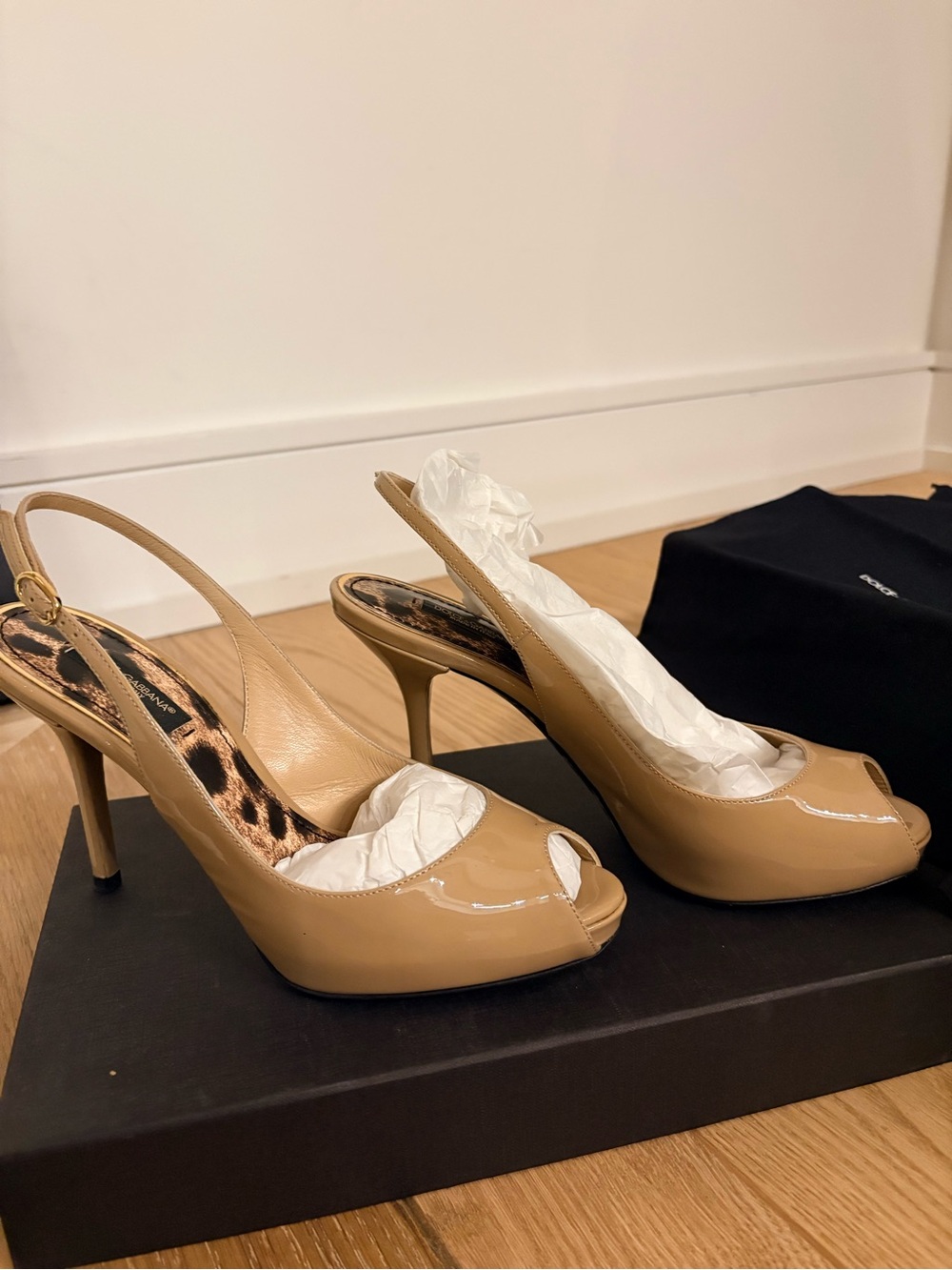 Dolce & Gabbana Patent Beige Peep-Toe Slingback Heels (Nude)